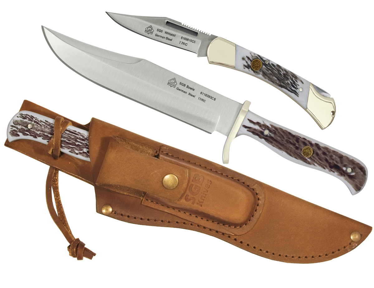 Puma SGB Bowie / Whitetail Commando Stag Outdoorsman Combo  with Leather Sheath (2 Piece Knife Set)