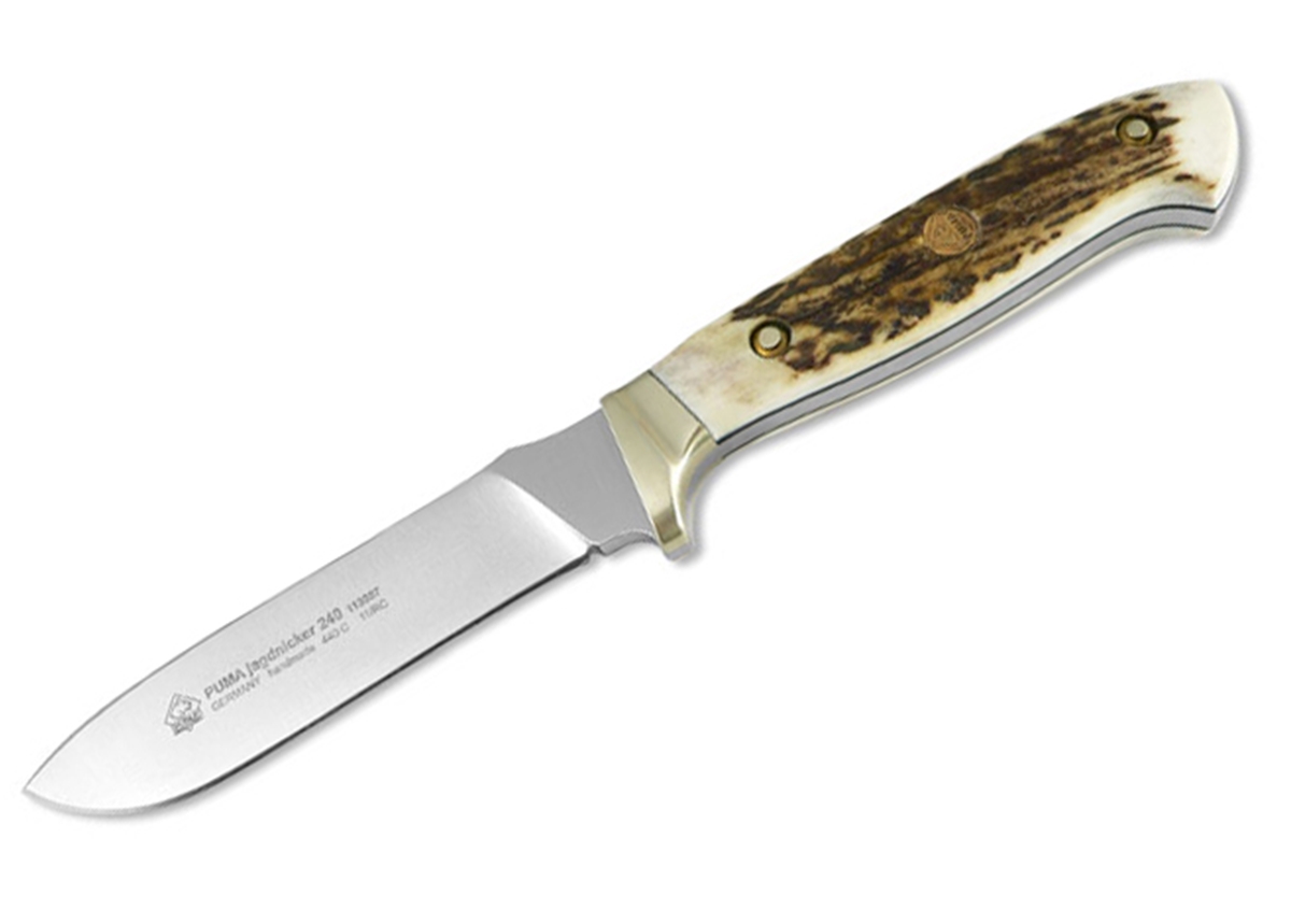 Puma Jagdnicker 240 Stag Horn German Made Hunting Knife with Green Leather Sheath - Special Order Please Allow 6 - 8 Weeks for Delivery