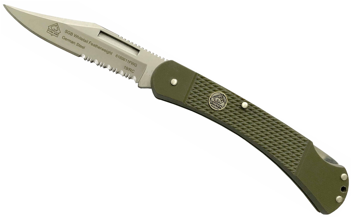 Puma SGB Whitetail Featherweight OD Green G10 Folding Pocket Knife with Serrated Blade and Pocket Clip