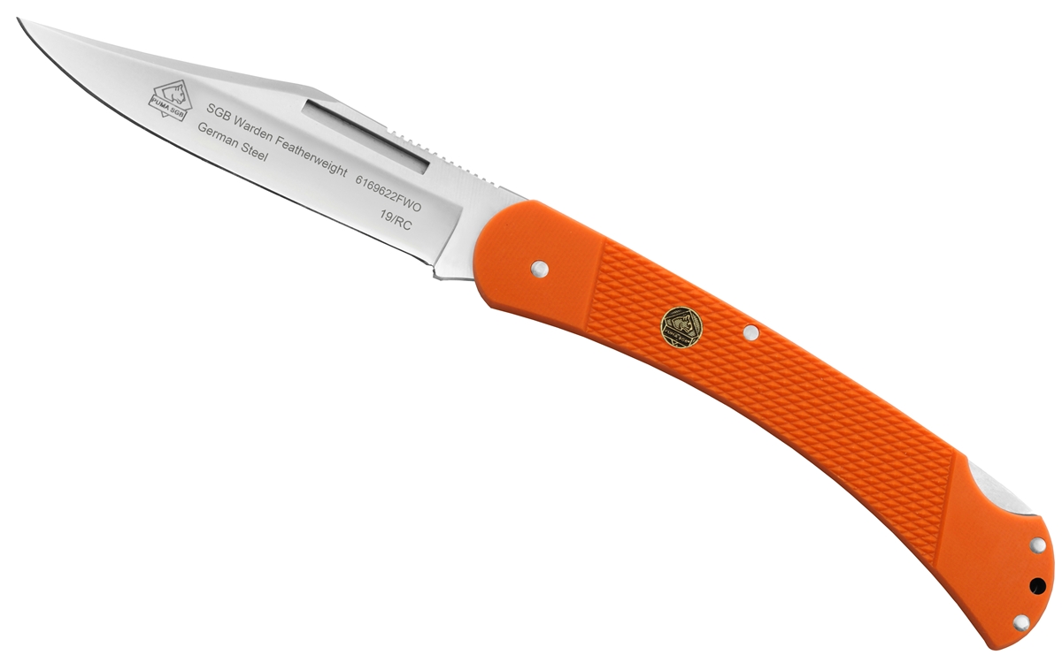 Puma SGB Warden Featherweight Blaze Orange G10 Folding Pocket Knife with Pocket Clip - Includes Free Leather Belt Sheath
