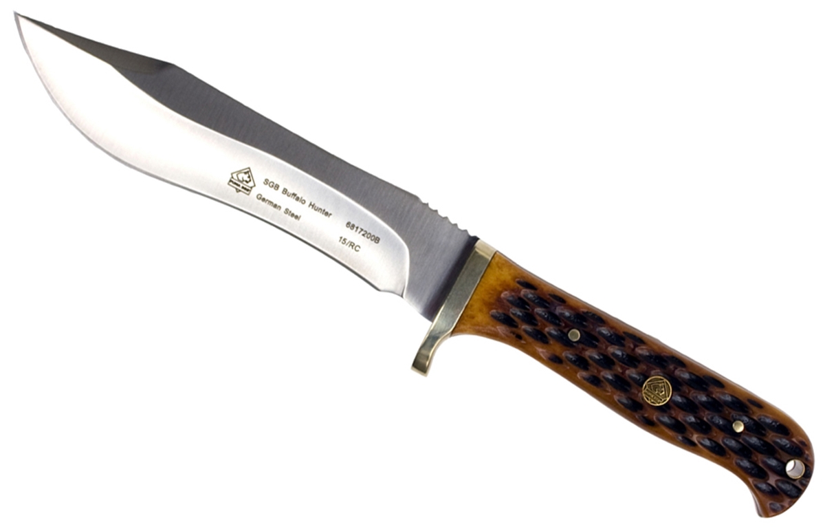 udstilling Violin Male Puma SGB Buffalo Hunter Jigged Bone Hunting Knife with Leather Sheath