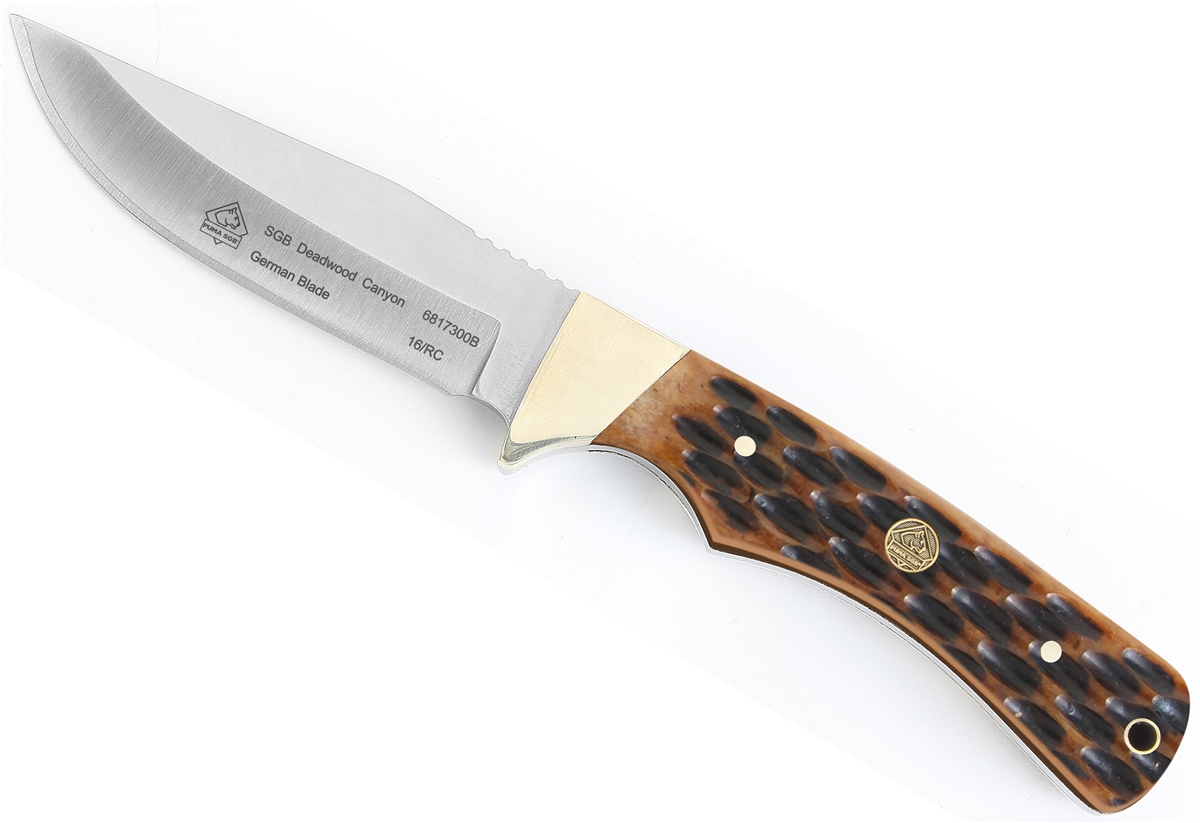 Puma SGB Deadwood Canyon Brown Jigged Bone Hunting Knife with Leather Sheath