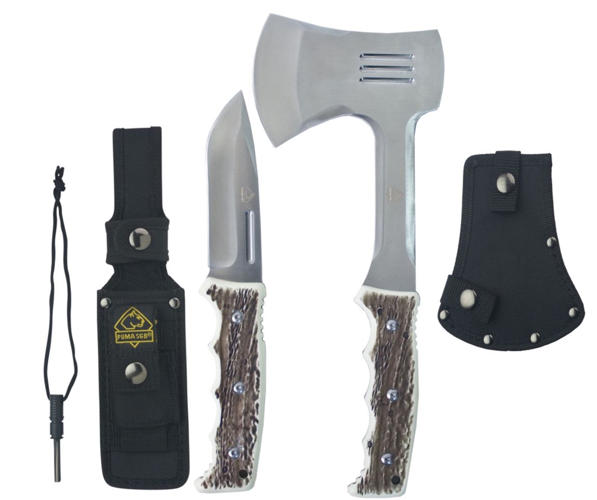 Puma XP Forever Knife & Hatchet Camping Combo Commando Stag with Nylon Sheath and Firestriker (Stainless)