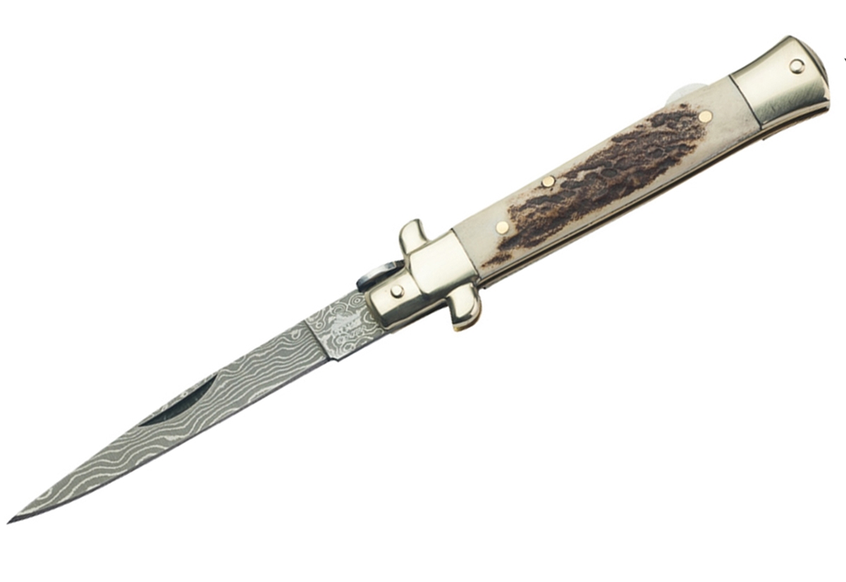 HCKT Stiletto Stag 3.5" Damascus Steel Lockback Blade