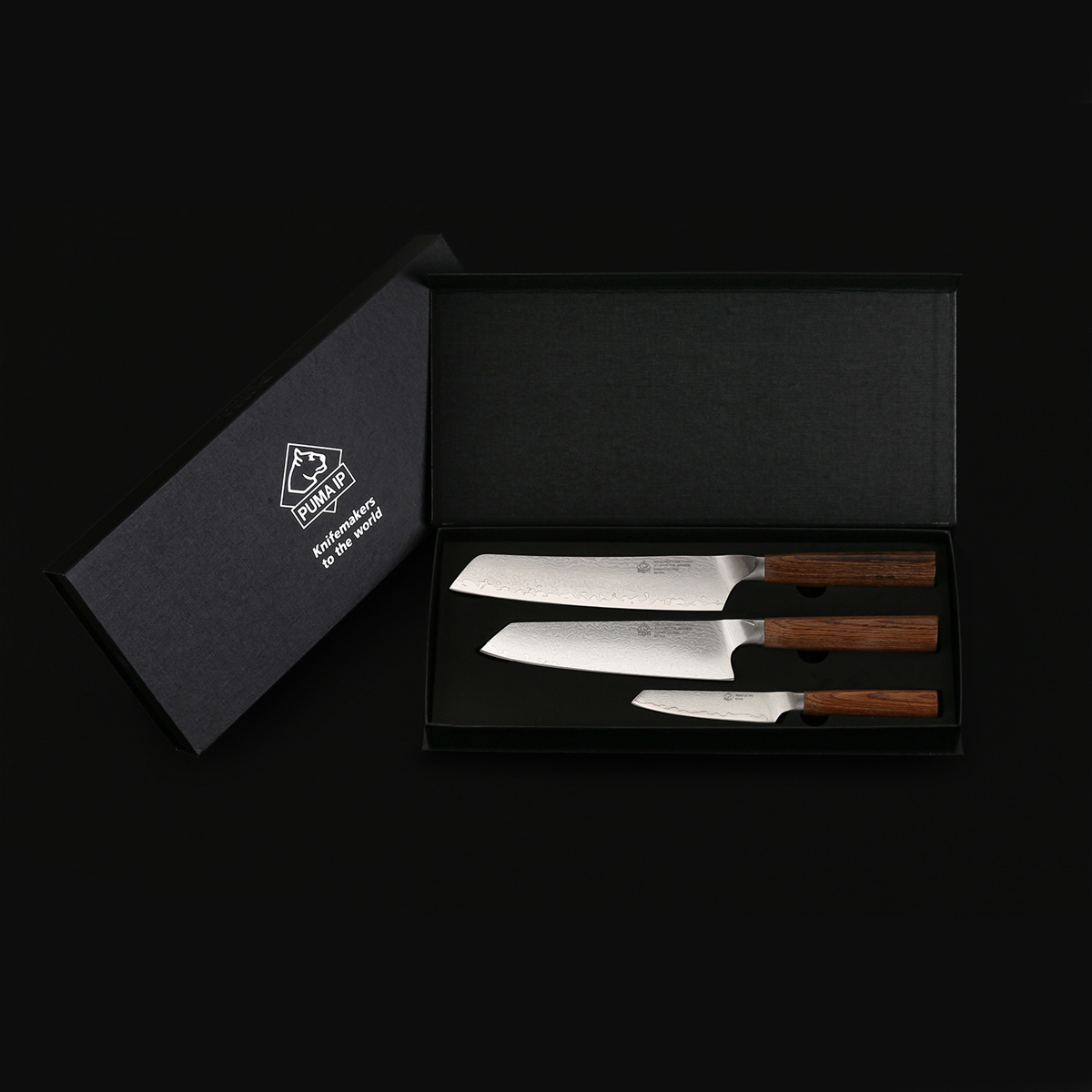 Puma IP Damascus 3 Piece Kitchen Set: Includes Chef, Santoku and Pairing Knives - Special Order Please Allow 24+ Weeks for Delivery