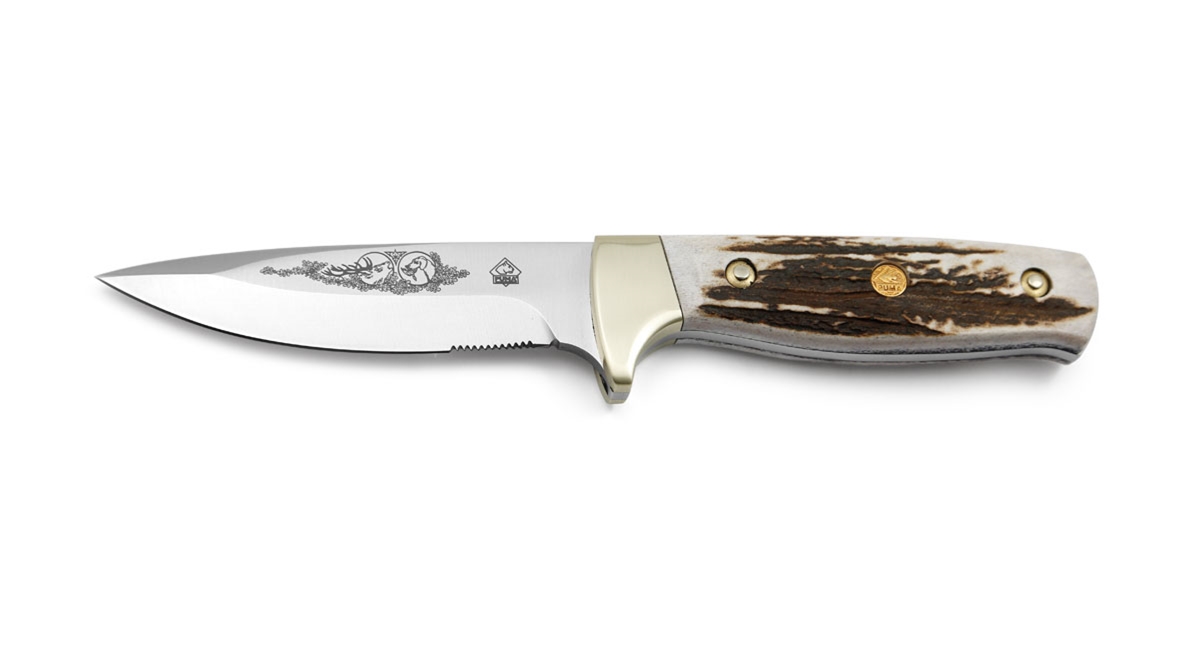 Puma Merlin K (Hunting Motif Deep Etched) Stag Handle German Made Hunting Knife with Leather Sheath - Special Order Please Allow 12 - 18 Weeks for Delivery