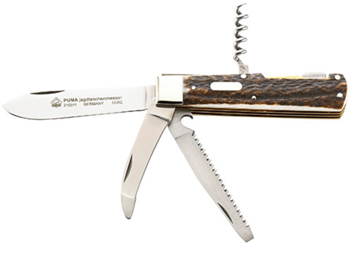Puma Jagdtaschenmesser Stag Horn German Made Hunting Folder with Blade, Saw, Gutting Blade and Cork Screw