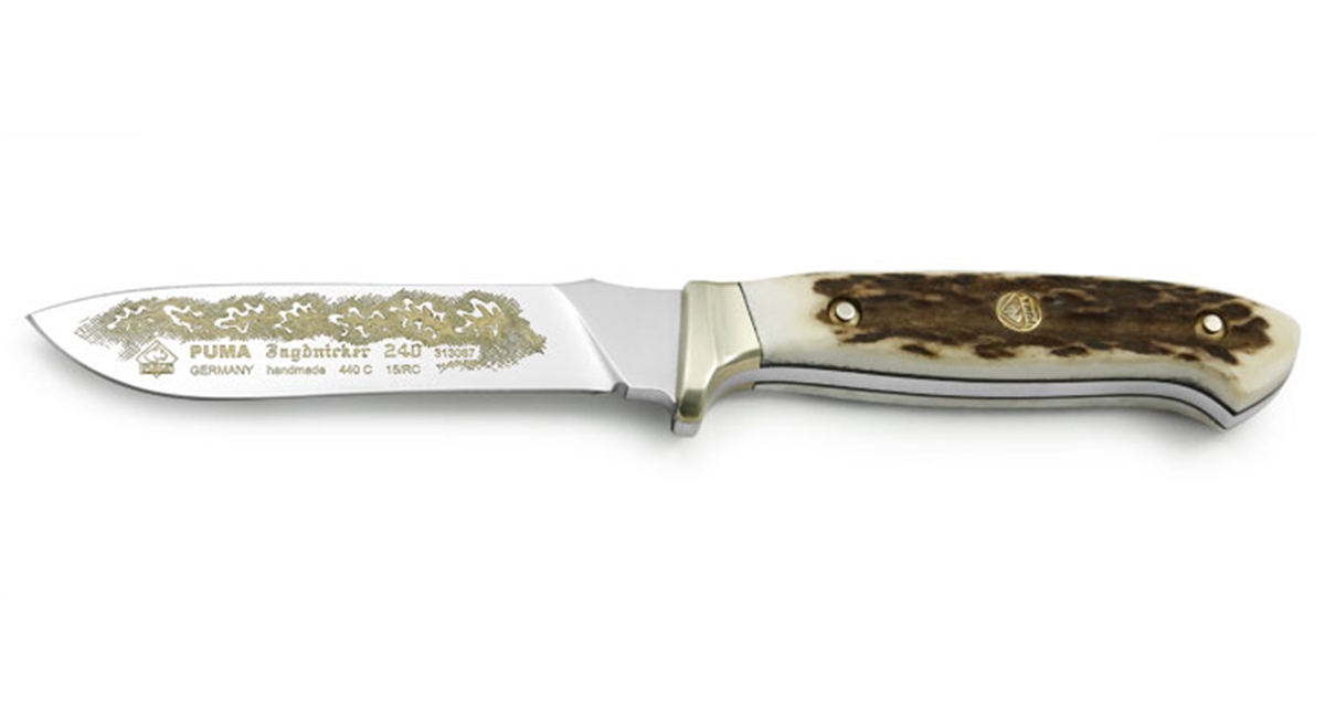 Puma Jagdnicker 240 with Gold Etching Stag Handle German Made Hunting Knife with Leather Sheath