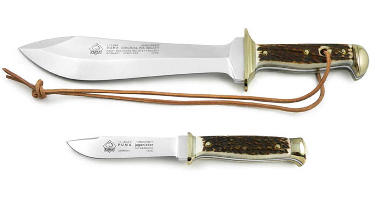 Puma Waidbesteck Set Stag Waidblatt and Jagdnicker Stag German Made Hunting Knives with Leather Sheath