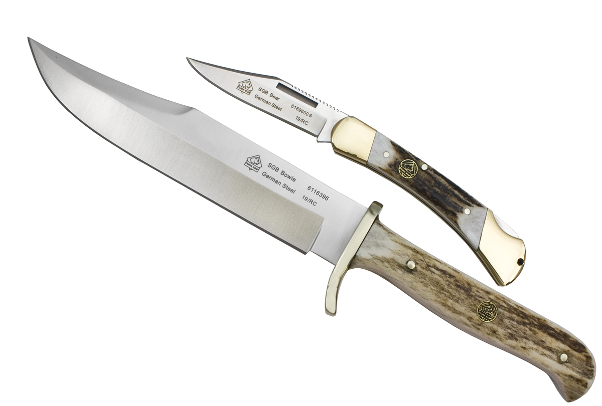 Puma SGB Bowie / Bear Natural Stag Outdoorsman Combo  with Leather Sheath (2 Knife Set)