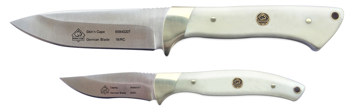 PUMA SGB Skin&#39;n Cape Combo White Bone Knife Set with Leather Sheath &amp; Sharpening Tool