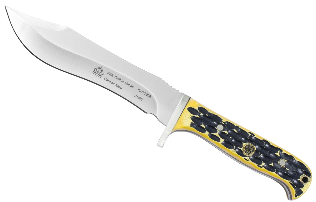 Puma SGB Buffalo Hunter Yellow Jacket Jigged Bone Hunting Knife with Leather Sheath