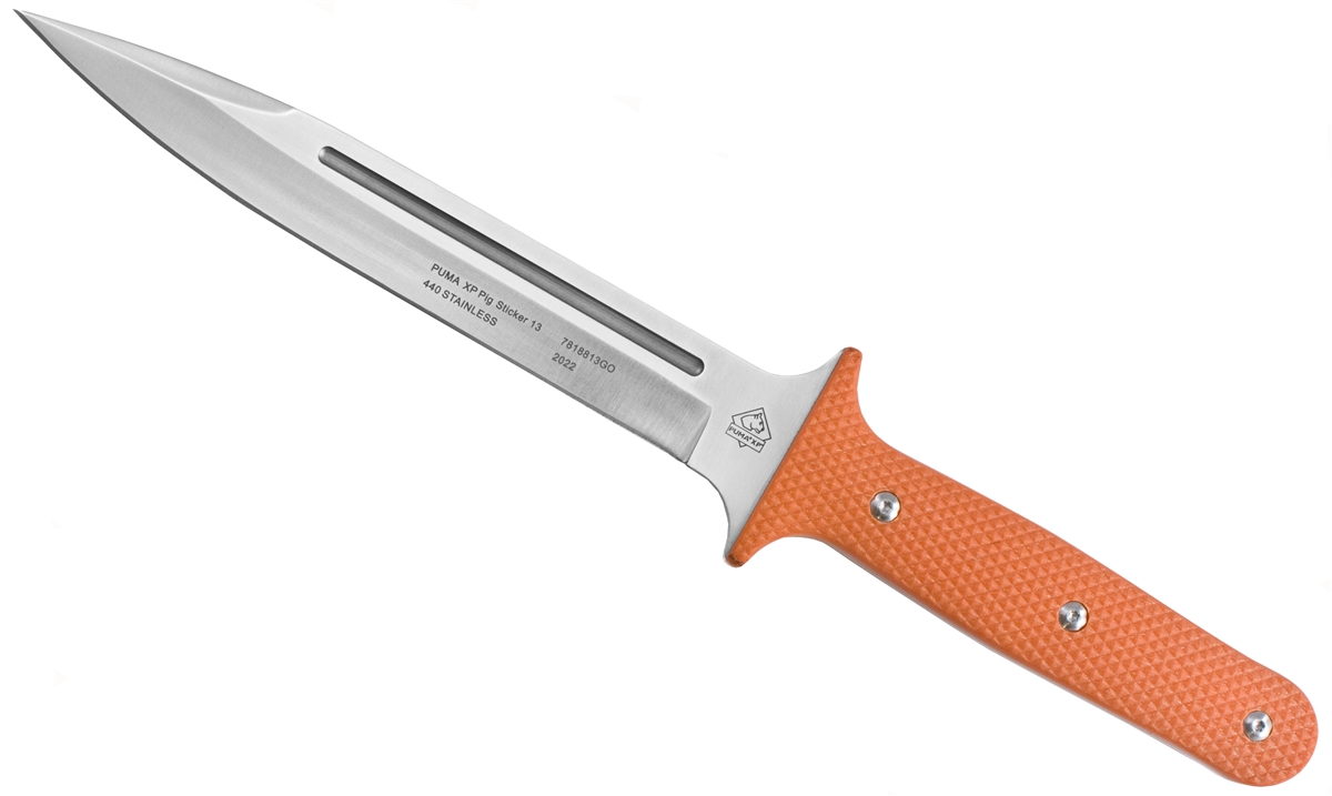 Puma XP 13&quot; Pig Sticker Textured Blaze Orange G10 Beveled Blade with Kydex Sheath