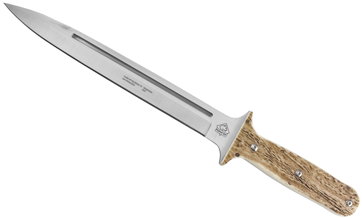 Puma XP 15&quot; Pig Sticker POM Commando Stag Beveled Blade with Leather Sheath