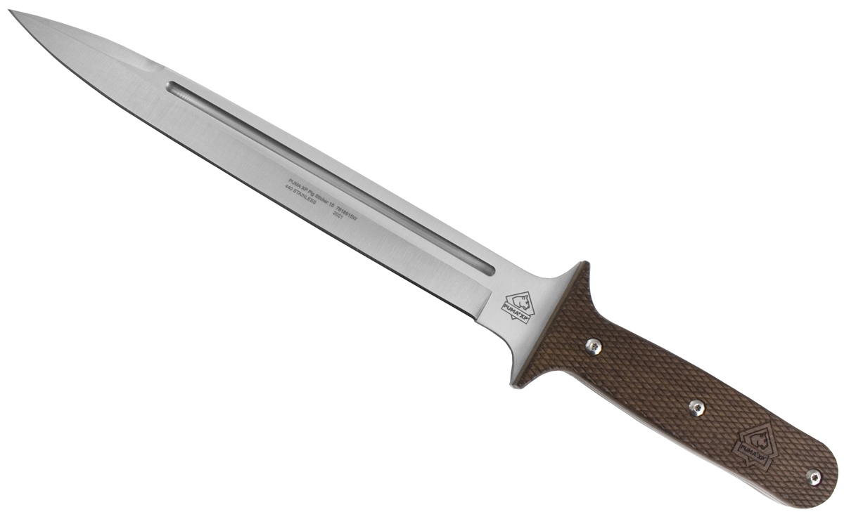 Puma XP 15&quot; Pig Sticker Textured Pakkawood Beveled Blade with Leather Sheath