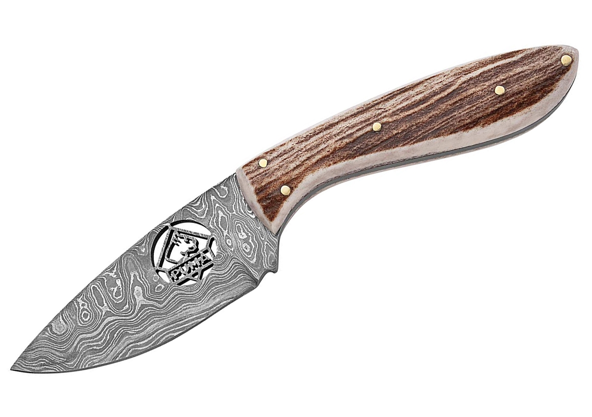 Puma IP Logo Damast Stag Spanish Made Hunting Knife with Leather Sheath