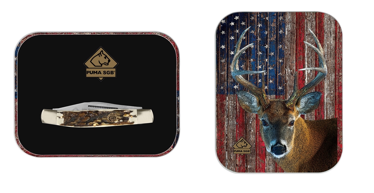 Puma SGB Stockman POM Commando Stag Folding Pocket Knife with Patriot Deer Gift Tin